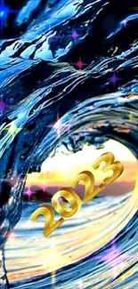 2023 wave wallpaper with gold text and sparkles.