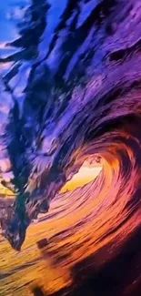 Vibrant ocean wave with purple hues and sunset sky.