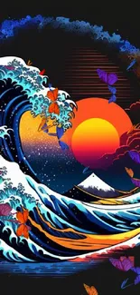 Vibrant stylized wave under colorful sunset art wallpaper.