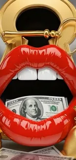 Red lips with dollar bill in a gold key setting.