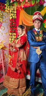 A vibrant wedding scene with a couple in traditional attire.