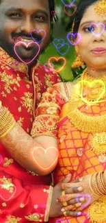 Vibrant wedding couple with heart overlay design.