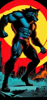 Vibrant werewolf standing against a cityscape with a bold circle background.