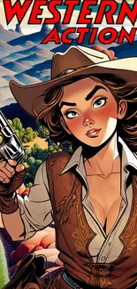 Vibrant Western action graphic novel wallpaper with a cowgirl illustration.