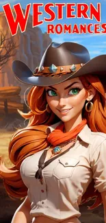 Vibrant illustration of a Western cowgirl with orange hair in a desert setting.