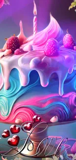 Whimsical cake with pastel swirls and strawberries on a plate