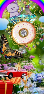 Colorful wallpaper with nature, rainbows, and butterflies.