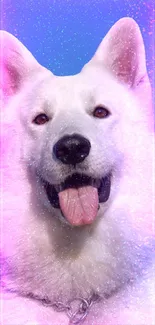 Joyful white dog with cosmic-themed background on mobile wallpaper.