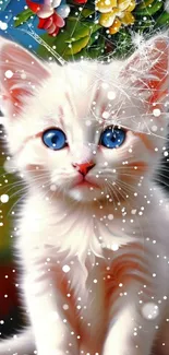 White kitten with blue eyes and colorful artistic background.