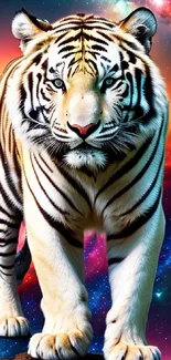 Majestic white tiger against a vibrant cosmic galaxy background.