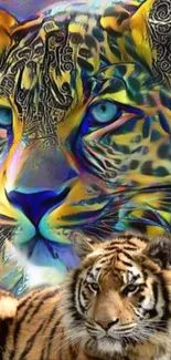 Artistic wallpaper of tigers and leopards with vibrant colors and designs.