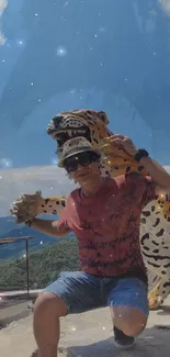 Person posing with jaguar statue under a bright blue sky.