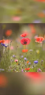 Field of red poppies and wildflowers in bloom