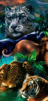 Colorful jungle animals in lush forest artwork.