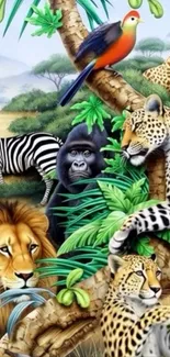 Wallpaper featuring a vibrant jungle with diverse wildlife, including a gorilla and leopards.