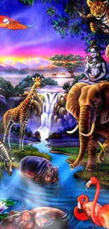 Colorful wildlife jungle wallpaper with diverse animals and a waterfall in twilight.