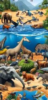 Colorful wildlife landscape with diverse animals and vibrant scenery.