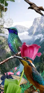 Colorful birds and flowers against a stunning mountain background.