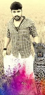 Person with leopard and colorful art design in a field wallpaper.