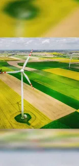 Aerial view of wind turbine over vibrant green and yellow fields.