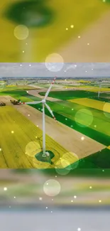 Aerial view of a windmill in lush green fields with sparkling effects.