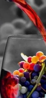 Pouring red wine with colorful grapes in glass art.