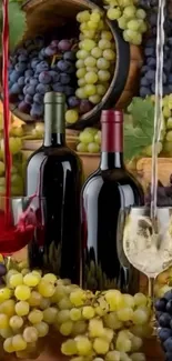 Wine bottles and glasses surrounded by grapes