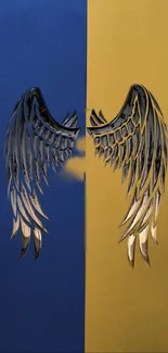 Metallic wings on blue and yellow background wallpaper.