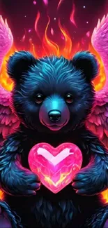 Fantasy bear with flaming pink wings holding a heart.