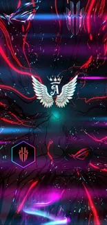 Mobile wallpaper with a vibrant winged emblem and neon light effects.