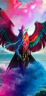 A vibrant fantasy creature with colorful wings and electric effects.