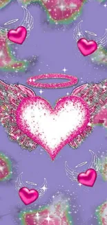 Vibrant winged heart with halo on purple background.