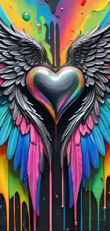 Vibrant winged heart with colorful drips