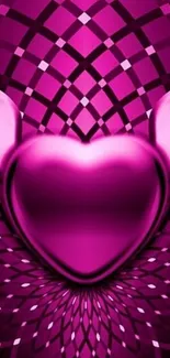 Vibrant pink winged heart with geometric pattern background.