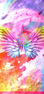 Vibrant winged lightbulb on colorful abstract background.