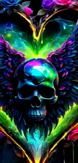 A vibrant winged skull art with neon colors and roses.