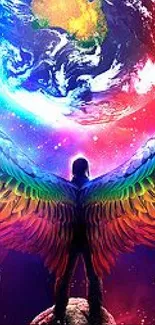 Colorful angel wings against a cosmic backdrop mobile wallpaper.