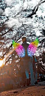 Mobile wallpaper with colorful wings on a street scene.