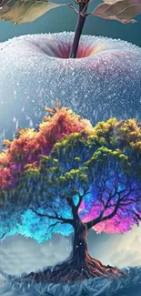 Vibrant tree inside a frozen apple with colorful hues and winter theme.