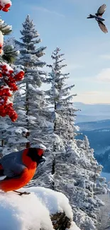 Vibrant bird on snowy branch with winter landscape.