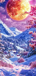 Fantasy winter landscape with snowy mountains and a glowing planet.