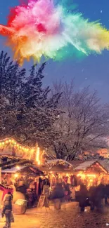 Colorful winter festival market scene with vibrant smoke in the evening.