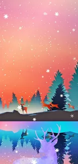 Colorful winter forest with deer and sunset reflection.