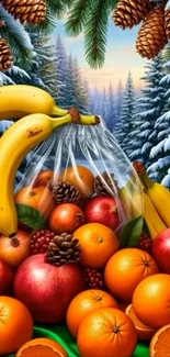 Vibrant winter fruit arrangement with snowy backdrop.