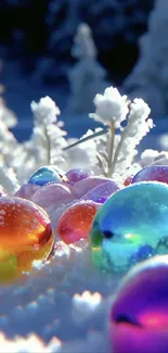 Colorful orbs in snow, winter scene wallpaper.