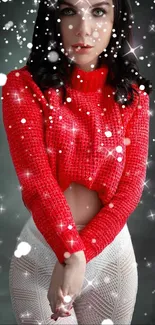 Stylish woman in red sweater with snow effect mobile wallpaper.