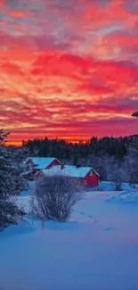 Vibrant sunset over a snowy forest landscape, ideal for wallpaper.