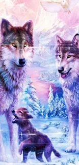 Vibrant winter landscape with a wolf family in a snowy forest.