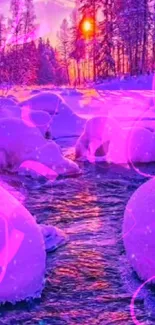 Vibrant winter landscape with pink hues and snow-covered stream.