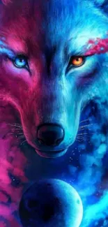 Vibrant dual-colored eyed wolf with a moon in neon shades.